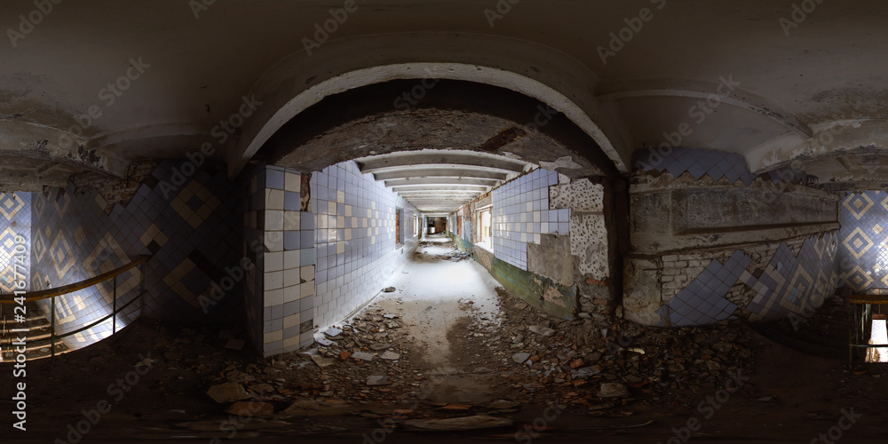 3D spherical panorama with 360 degree viewing angle Abandoned building in winter with snow in Pripyat For virtual reality in vr Full equirectangular projection Scary background Old soviet architecture