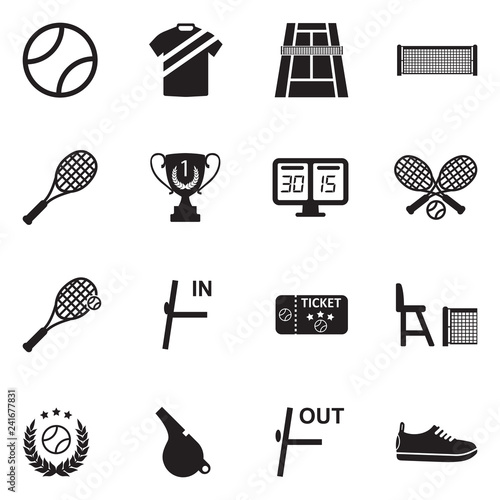  Tennis Icons. Black Flat Design. Vector Illustration. 