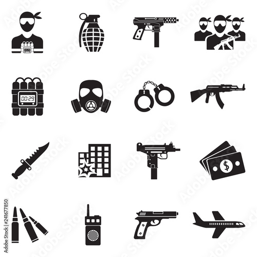 Terrorist Icons. Black Flat Design. Vector Illustration.