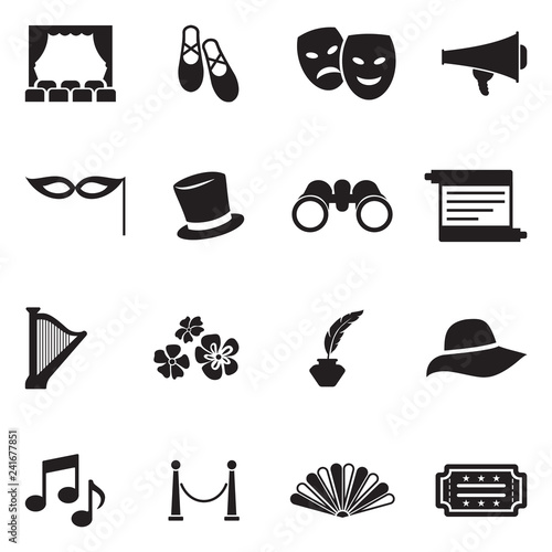 Theater Icons. Black Flat Design. Vector Illustration.