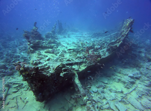 Wallpaper Mural Big ship wreck boat underwater view. Diving picture with deep mood atmosphere. Beauty of sea oceans dark waters with wildlife fishes, corals and shells. Abstract landscape scenery, dive site objects Torontodigital.ca