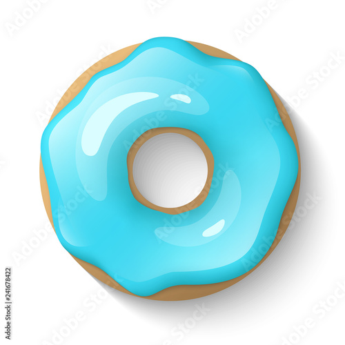 Donut isolated on a white background. Cute, colorful and glossy donuts with blue turquoise glaze and powder. Simple modern design. Realistic vector illustration.