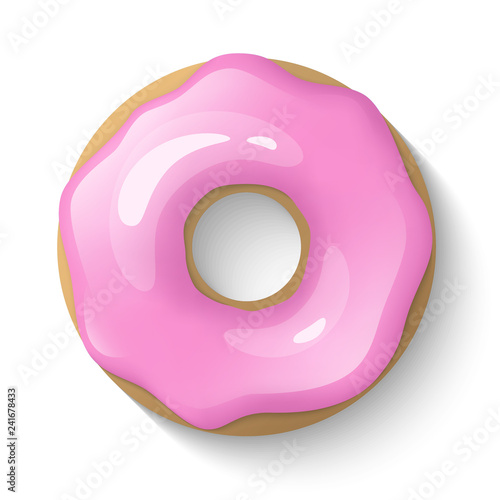 Donut isolated on a white background. Cute, colorful and glossy donuts with pink glaze and powder. Simple modern design. Realistic vector illustration.