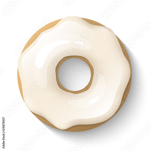 Donut isolated on a white background. Cute, colorful and glossy donuts with white vanilla glaze and powder. Simple modern design. Realistic vector illustration.