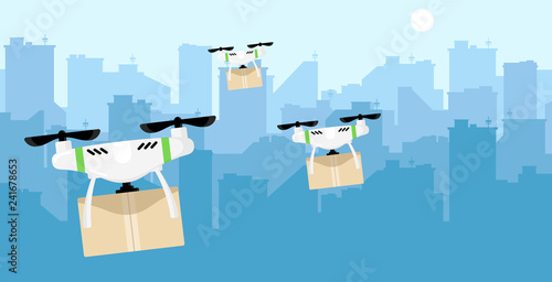 Delivery drone with the package against city background. Carrying a box. Realistic beautiful template. Simple modern icon. Flat style vector illustration.