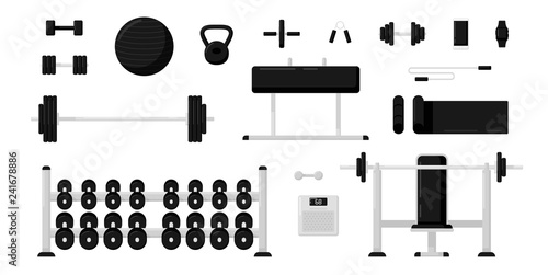 Gym fitness equipment set isolated on white background. Black and white color. Collection of modern training apparatus. Cute cartoon design. Simple flat style vector illustration.