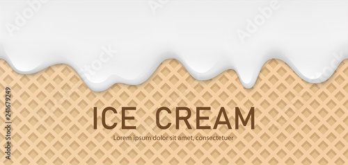 Creamy liquid, yogurt cream, ice cream or milk melting and flowing on a waffle. White creamy drips. Simple cartoon design. Background, template for banner or poster. Realistic vector illustration.