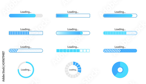 Loading icon set isolated on white background. Progress bar collection. Colorful icons for interfaces. Simple beautiful modern graphic design. Flat style vector illustration.