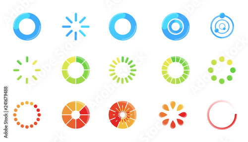 Loading icon set isolated on white background. Progress bar collection. Colorful icons for interfaces. Simple beautiful modern graphic design. Flat style vector illustration.