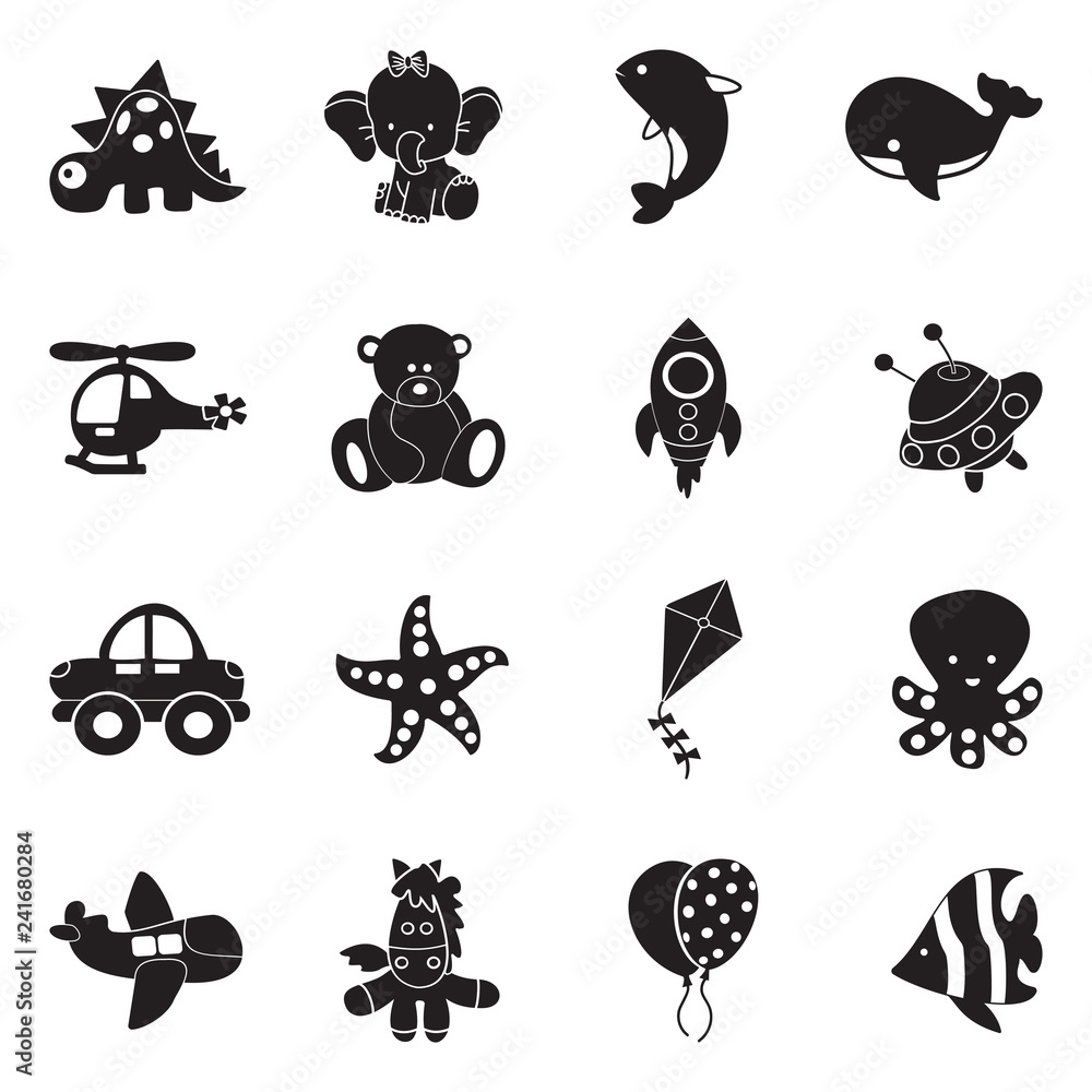 Cartoon Toys Icons. Black Flat Design. Vector Illustration.