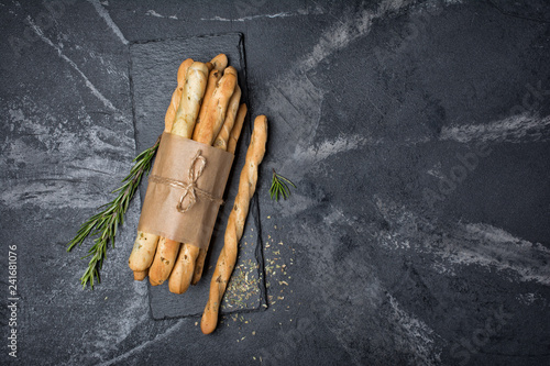 Konstfotografi Top view of traditional italian appetizer grissini with rosemary spice