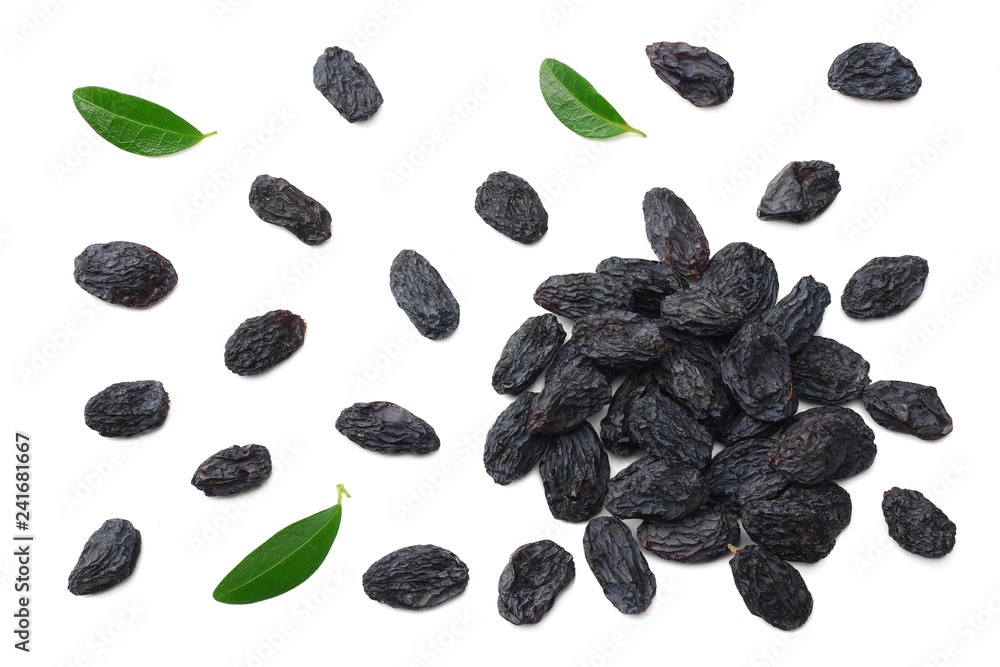 black raisins isolated on white background. top view black raisins isolated on white background. top view
