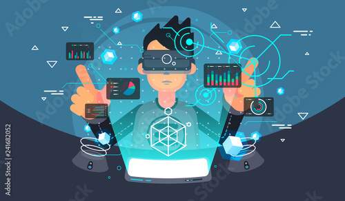 Virtual reality user. VR tech illustration. Futuristic user interface.