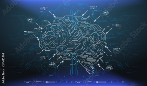 Futuristic design of an Artificial Intelligence brain with futuristic hud elements. Abstract glowing colorful digital brain with circuit background. AI and technology concept.