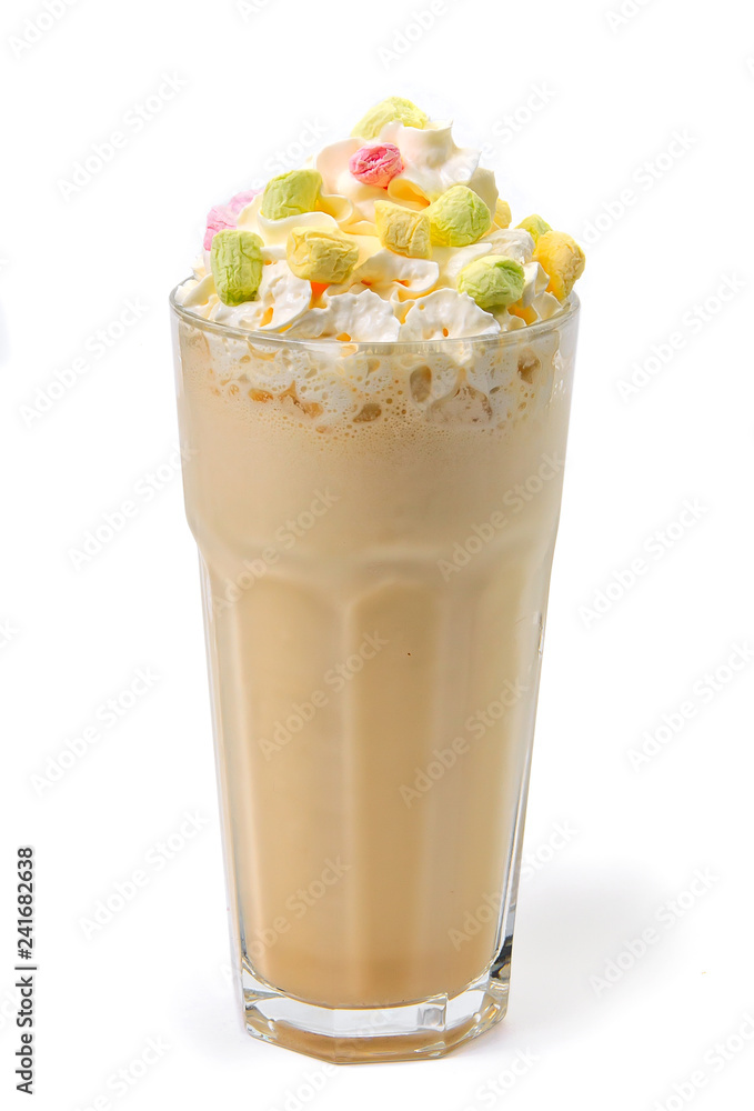 coffee in a tall glass and little multicolored marshmallows on it coffee in a tall glass and little multicolored marshmallows on it