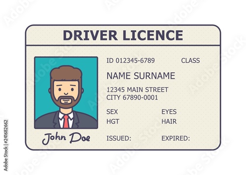 Car driver licence identification. Driving licence plastic card with man photo. Flat style isolated. Vector illustration.