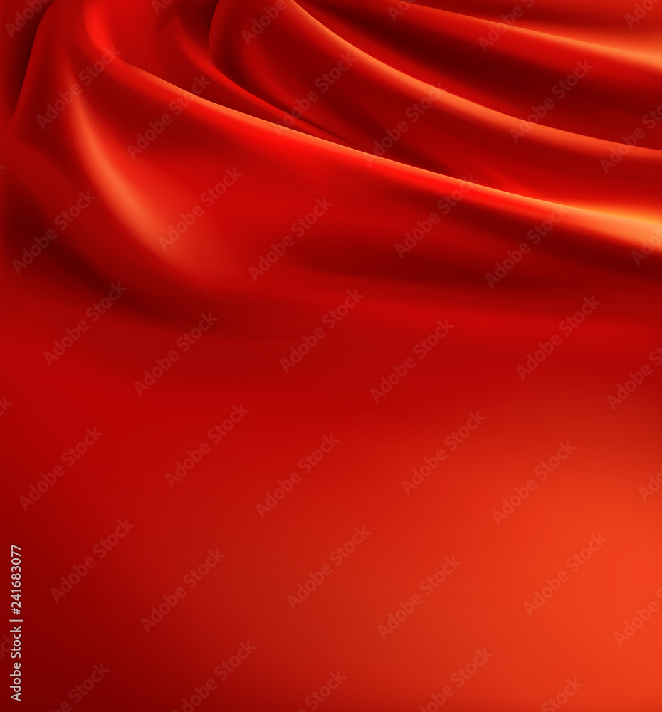 Vector 3d realistic red fabric background, luxury silk cloth with