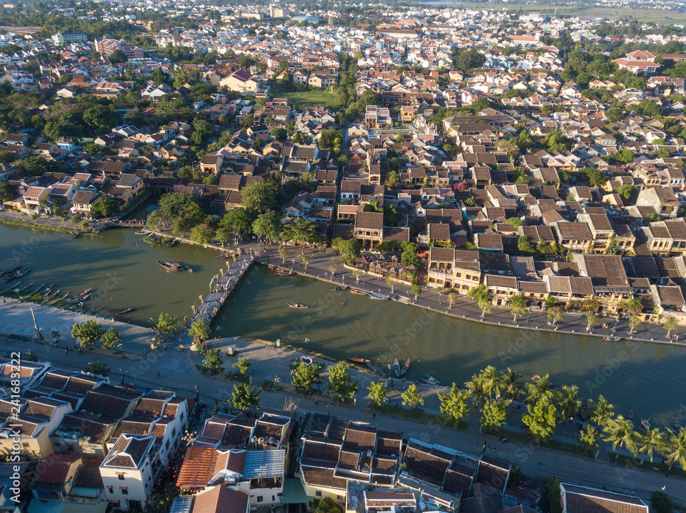 Obraz premium Aerial view of Hoi An old town or Hoian ancient town. Royalty high-quality free stock photo image of Hoi An old town. Hoi An is UNESCO world heritage, one of the most popular destinations in Vietnam