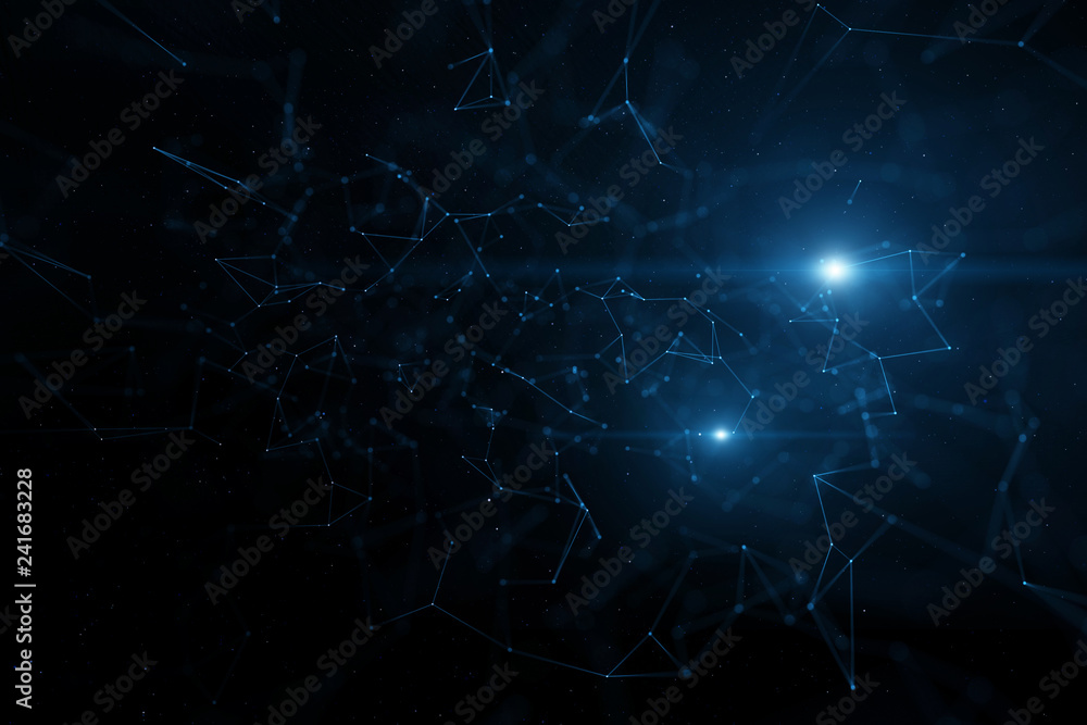 Obraz Artistic lines and dots with lens flare on dark blue colored cyberspace illustration background.