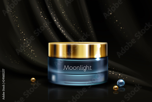 Cosmetic night moisturizing cream in branded blue glass jar with golden cap realistic vector advertising mockup. Skincare cosmetics on black silk background, precious peals scattered around