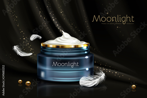 Night moisturizing cream in branded blue glass jar on black silk background with golden pearls and flying feather realistic vector advertising banner or poster. Cosmetics product for skincare mockup