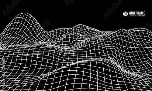 3D Wireframe mountain terrain on black background. Low Poly Geometric Mountain Landscape. 3d Cyberspace Grid. Technology Vector.
