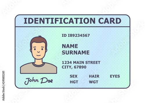 Person identification badge. Id plastic card with personal data and photo. Flat style isolated. Vector illustration.