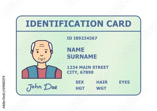 Person identification badge. Id plastic card with personal data and photo. Flat style isolated. Vector illustration.