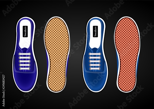 sports shoes, sneakers realistic blue view from above and from the sides of the soles