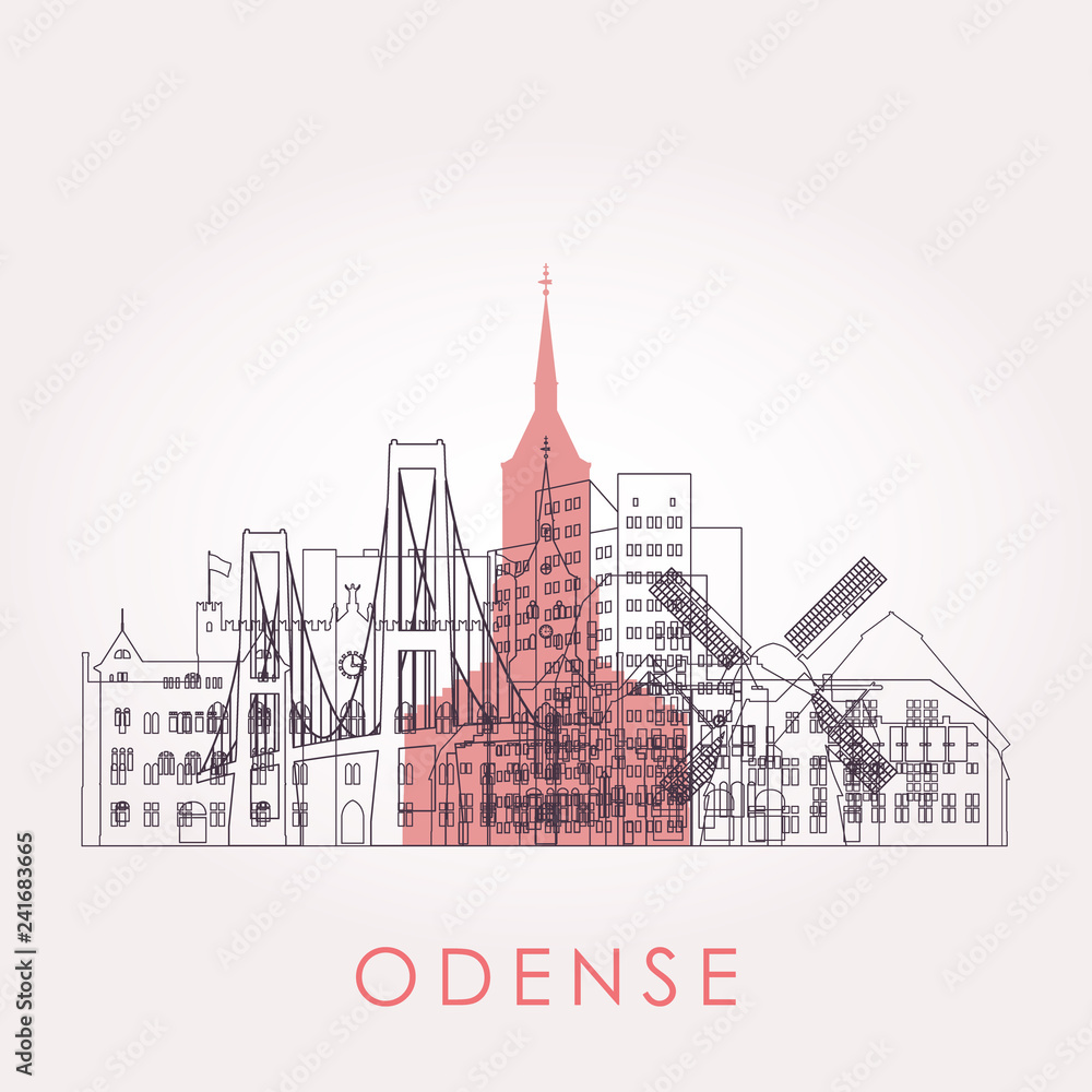 Fototapeta premium Nakreśl panoramę Odense z punktami orientacyjnymi. Ilustracji wektorowych. Podróże służbowe i koncepcja turystyki z zabytkowymi budynkami. Obraz do prezentacji, baneru, afisz i strony internetowej.