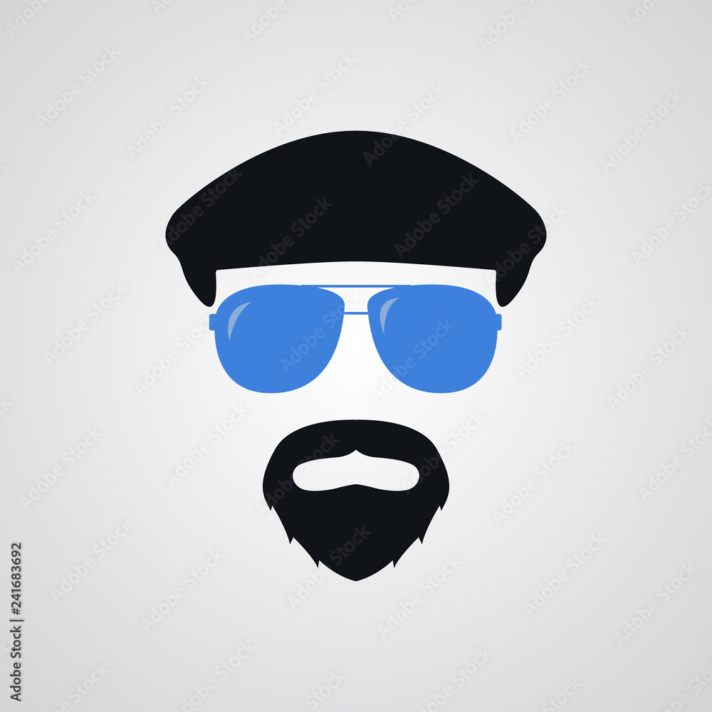 Portrait of man in ivy cap and blue sunglasses. Vector illustration.