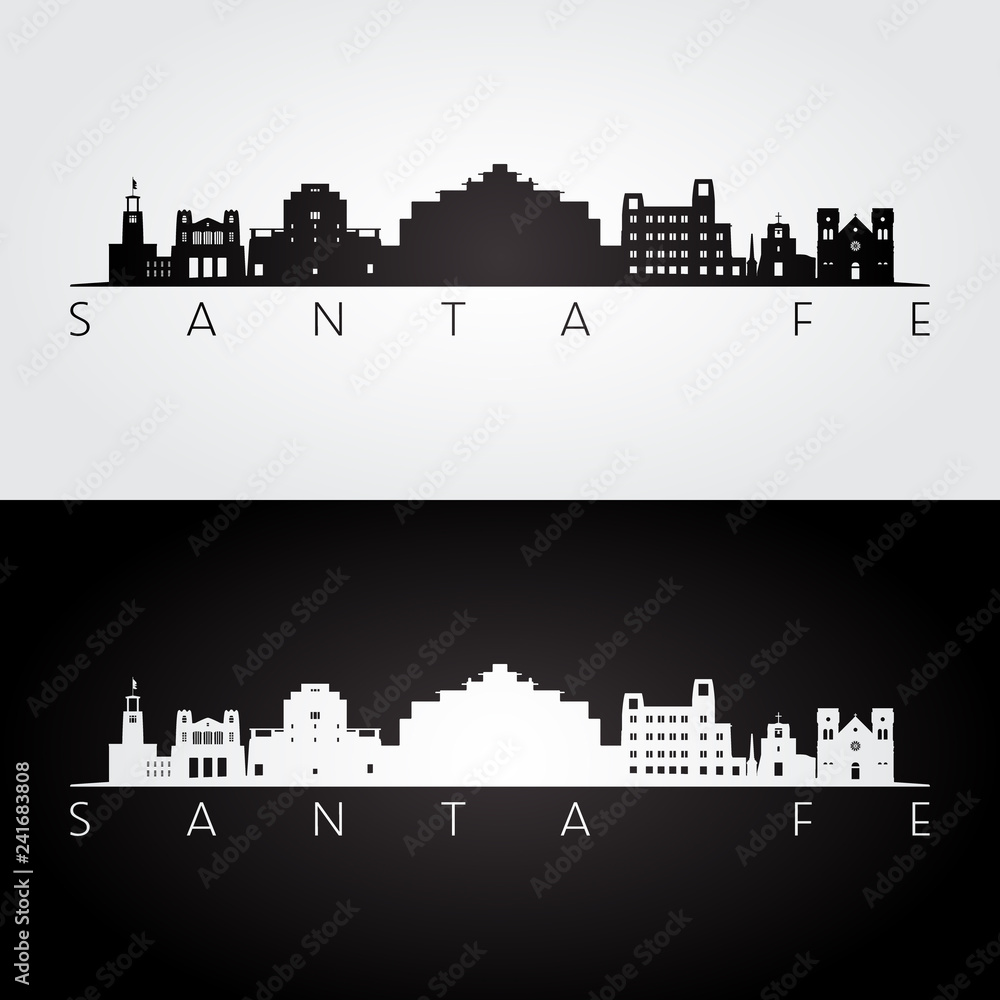 Santa Fe USA skyline and landmarks silhouette, black and white design, vector illustration.