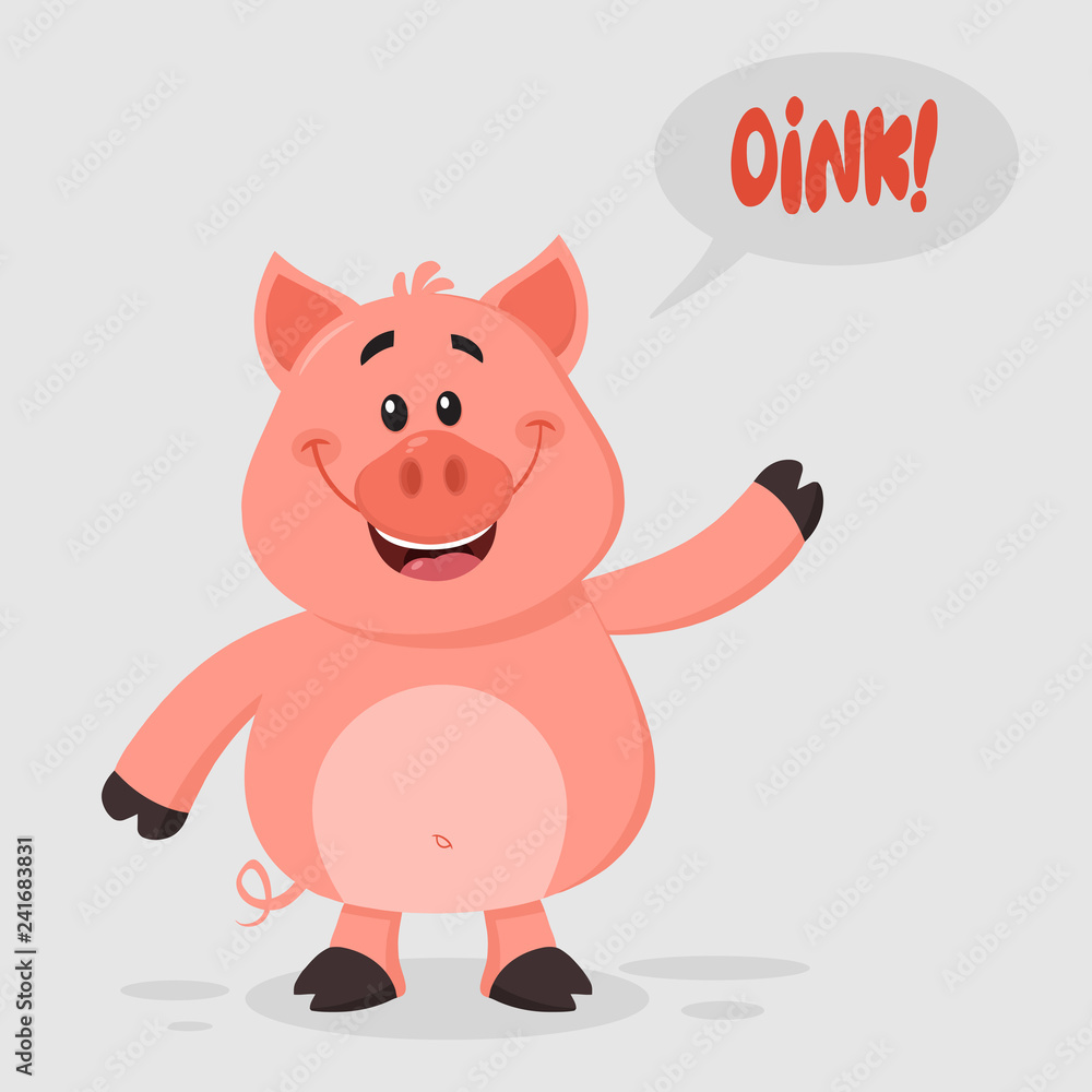 Cute Pig Cartoon Character Waving For Greeting. Vector Illustration Flat  Design With Background And Text Oink Stock Vector | Adobe Stock