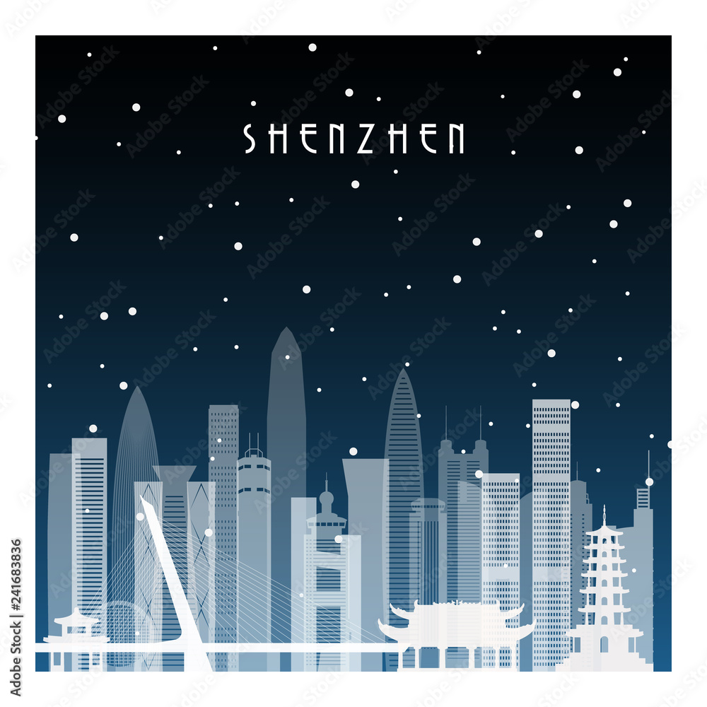 Winter night in Shenzhen. Night city in flat style for banner, poster, illustration, background.