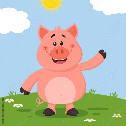 Cute Pig Cartoon Character Waving For Greeting. Vector Illustration Flat Design With Landscape Background