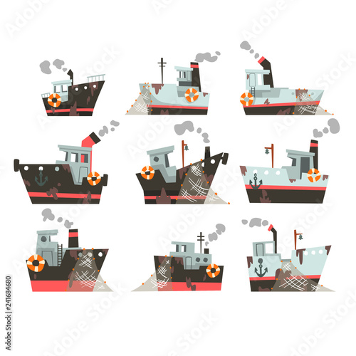 Collection of fishing boats, trawlers for industrial seafood production, retro marine steamers vector Illustration