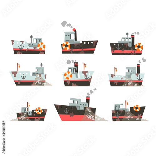 Collection of fishing vessels, trawlers for industrial seafood production, retro marine steamers vector Illustration