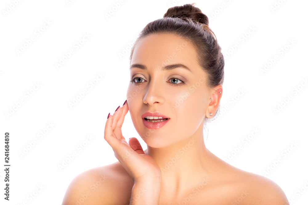 Cute smiling brunette caucasian woman posing on isolated white background. Fresh, clean, healthy, flawless skin. Space for text Cute smiling brunette caucasian woman posing on isolated white background. Fresh, clean, healthy, flawless skin. Space for text