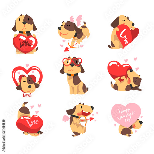 Funny Jack Russell Terrier dog with hearts set, cute Valentine animal character vector Illustration