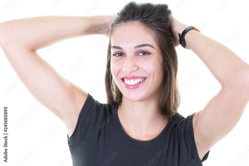 Portrait of beautiful cheerful brunette girl smiling laughing looking at camera over white background Portrait of beautiful cheerful brunette girl smiling laughing looking at camera over white background