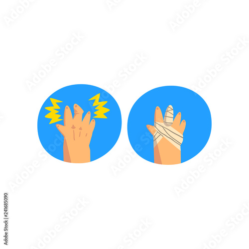 Finger injury, medical bandage wrapped around hurt human hand, sprain and first aid vector Illustration on a white background