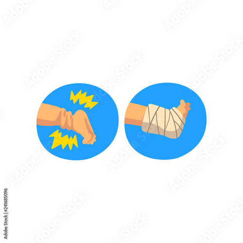 Ankle injury, medical bandage wrapped around hurt human leg, sprain and first aid vector Illustration on a white background