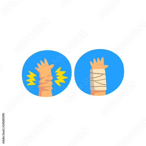 Wrist injury, medical bandage wrapped around hurt human hand, sprain and first aid vector Illustration on a white background