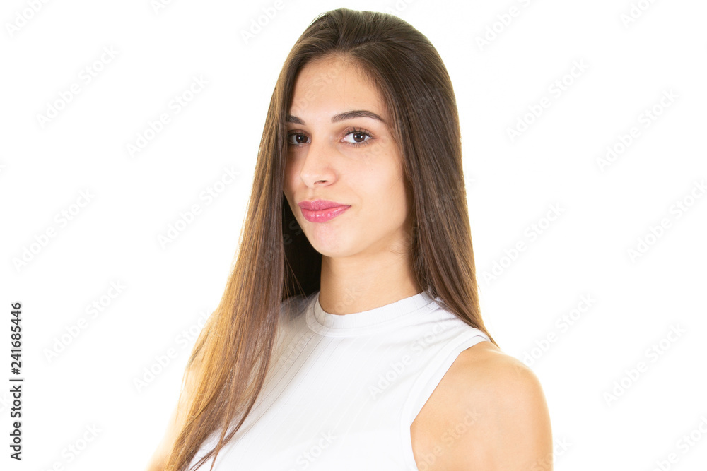 Beautiful woman face close up portrait young studio on white background Beautiful woman face close up portrait young studio on white background