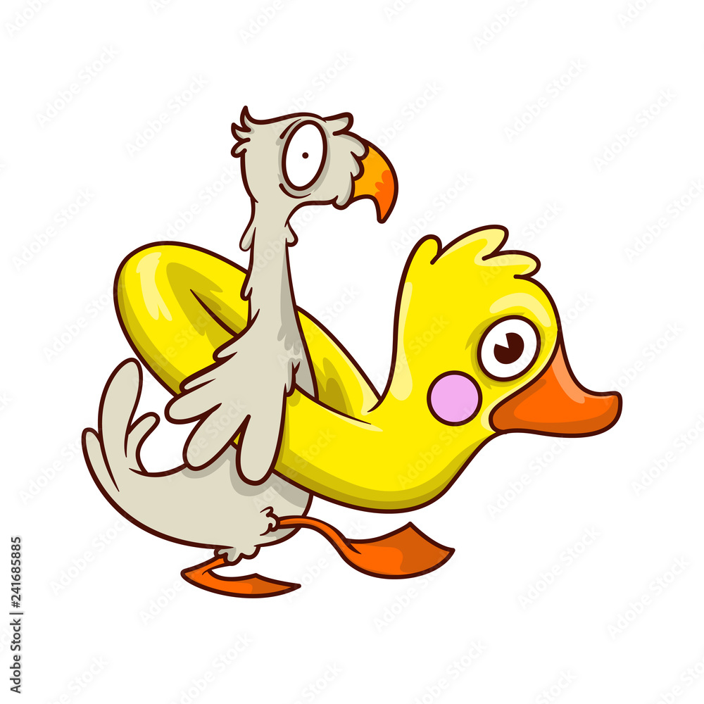 Funny tropical bird with inflatable rubber in shape of yellow duck. Cartoon  character. Beach vacation. Vector design Stock Vector | Adobe Stock