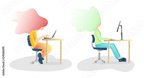 Ergonomic, wrong and Correct sitting Spine Posture. Healthy Back and Posture Correction illustration. Office Desk Posture. Curvature of Spine with Wrong Sitting, Good Position when working at Computer