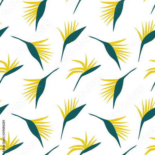 Abstract seamless pattern with tropical flowers and leaves. Vector template.