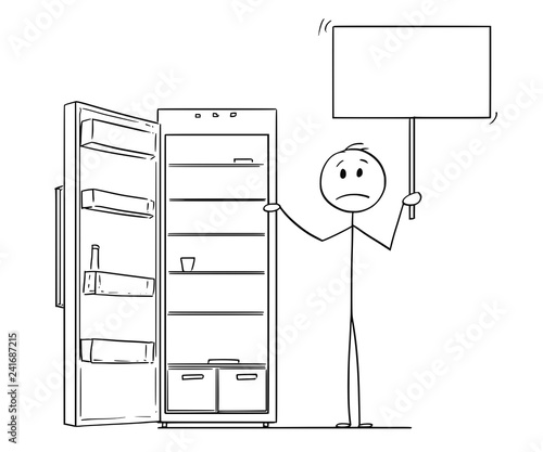 Cartoon stick drawing conceptual illustration of hungry and depressed man holding empty sign and empty fridge or refrigerator.