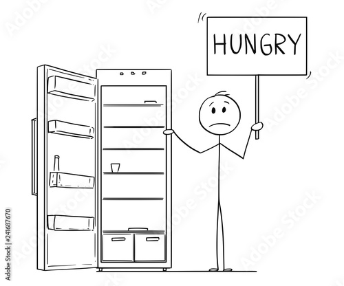Cartoon stick drawing conceptual illustration of depressed man holding hungry sign and empty fridge or refrigerator.