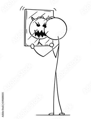 Cartoon stick drawing conceptual illustration of smiling man looking at yourself in mirror and seeing monster or devil.